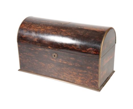 VICTORIAN DOME LIDDED COROMANDEL WOOD TEA CADDY with brass rim decoration, 20cm x 33cm