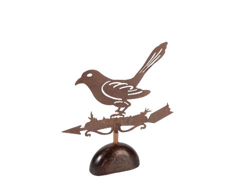 PIERCED IRON WEATHER VANE, 19TH CENTURY, modelled as a blackbird, on a wooded stand, 36cm high (including stand) 