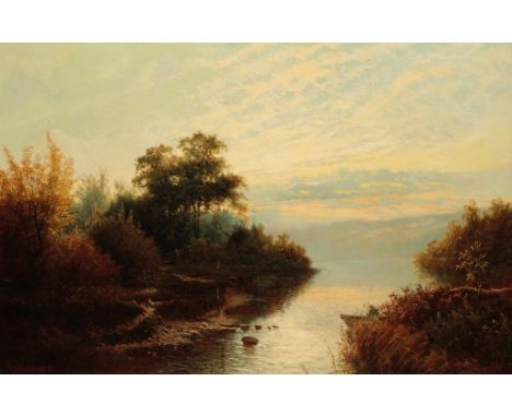 R.E. WILKINSON (19th century) 'Sunset on the River Dart' A figure in a fishing boat amognst the reeds, across the water a cot