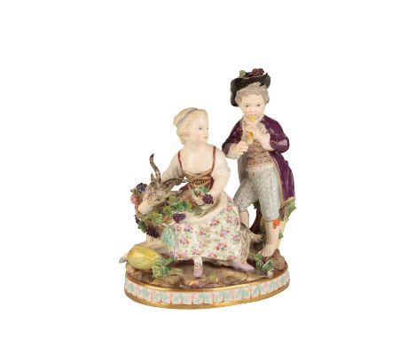 MEISSEN PORCELAIN GROUP, AFTER J.J KANDLER, LATE 19TH CENTURY, modelled as a young girl seated on a goat with a boy playing a