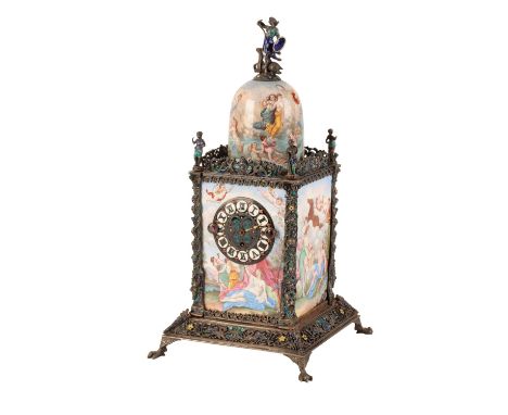 AUSTRIAN SILVER AND ENAMEL DESK CLOCK, LATE 19TH CENTURY, the sides finely painted with allegorical scenes, surmounted by a f