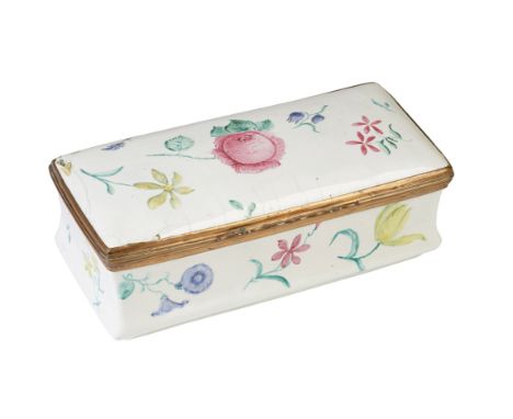 FRENCH ENAMEL AND SILVER MOUNTED SNUFF BOX, 18TH CENTURY, painted with floral sprays, 12.5cm wide
