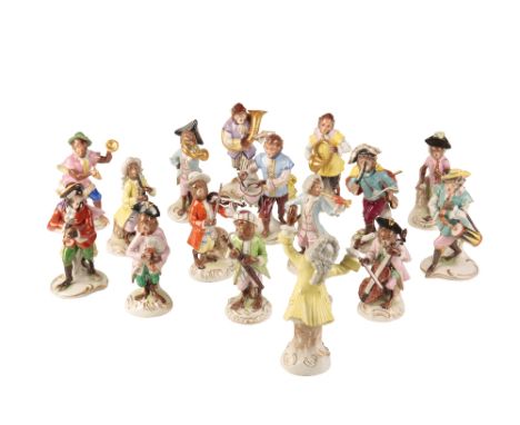 DRESDEN PORCELAIN MONKEY BAND, 20TH CENTURY, after originals by Meissen, each figure modelled seated or standing playing a di