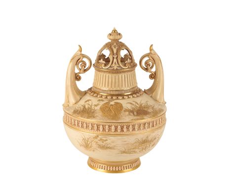 ROYAL WORCESTER PORCELAIN COVERED POTPOURRI, LATE 19TH CENTURY, the ovoid sides decorated in gilt against an ivory ground wit