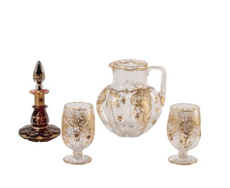 BOHEMIAN RUBY GLASS AND GILT DECORATED SCENT BOTTLE, LATE 19TH CENTURY, of squat baluster form, 20cm high; together with a CO