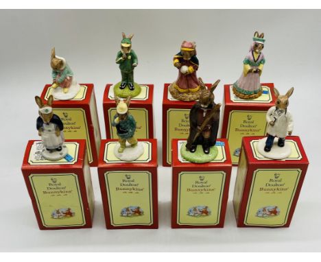 A collection of eight boxed Royal Doulton Bunnykins figurines including Boy Skater, Doctor Bunnykins, Nurse Bunnykins, Little