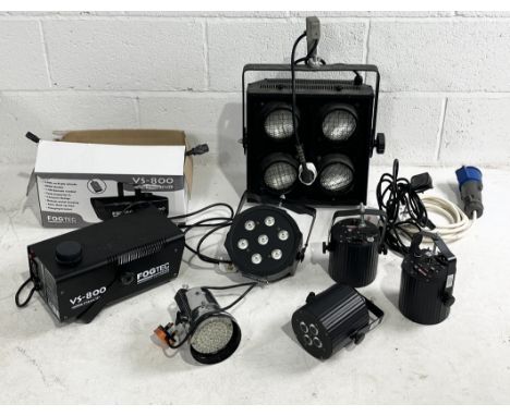 A collection of various theatre lighting including LED pin spots, blinder, Fogtec smoke machine etc.