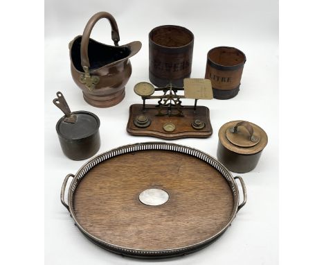 A collection of various items including postal scales, small copper saucepan, small copper coal bucket, coopered storage pots