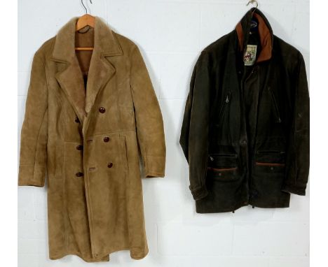 A vintage 3/4 length sheepskin coat size 36, from the Yeovil sheepskin shop, and a vintage olive green leather coat size L.