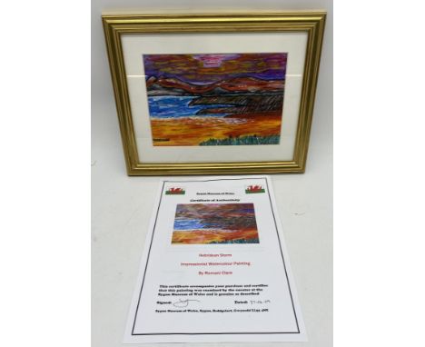 A small Impressionist watercolour "Hebridean Storm" by Romani Clare with COA by the Sygun Museum of Wales, 15cm x 23cm