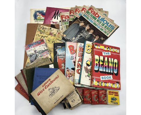 A collection of various books and ephemera including a number of 1960's menus from London hotels, Beano annuals, five Fabulou