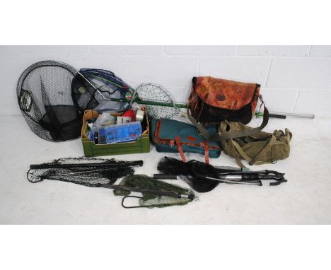 A quantity of various fishing tackle, including a Jack Pyke tackle bag, various landing nets including a Middy 22" match carp