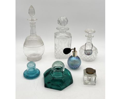 A collection of antique and other glassware including heavy green glass inkwell, Glasform iridescent scent bottle, cut glass 