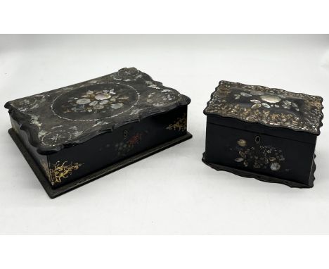 A Victorian papier mâché tea caddy with mother of pearl detail along with a writing slope of the same design - damage to hing