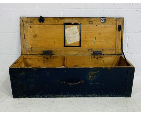 A vintage wooden storage trunk marked with "Through MFO Singapore" - overall size length 100cm, depth 36cm, height 30cm