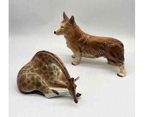 A large ceramic giraffe made in USSR along with a large Melba Ware Corgi