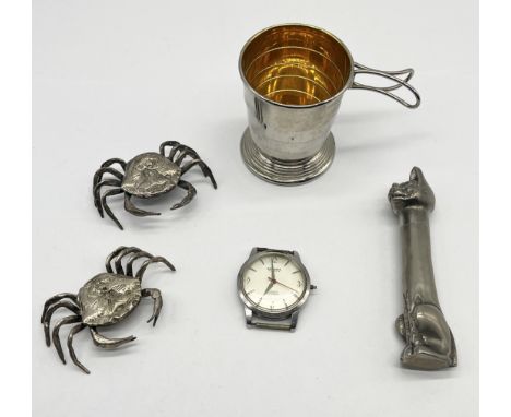 Two SCM models of crabs along with a gilded collapsible hunting cup, a Rodania gentleman's wristwatch (A/F) and a novelty cor