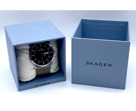 A boxed gentleman's Skagen Aktiv titanium bracelet watch with a grey dial and white hour markers, ref. SKW6078