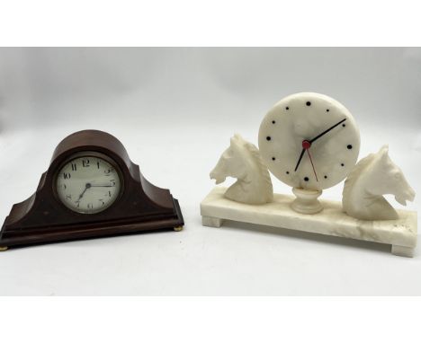 An oak cased mantle clock by Boren along with a battery powered hardstone clock with horse head decoration
