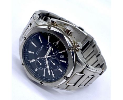A stainless steel Bulova Chronograph with baton markers, three subsidiary dials