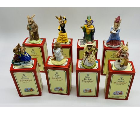 A collection of eight boxed Royal Doulton Bunnykins figurines including Flamenco, Friar Tuck, Mystic Bunnykins, Sundial, Slei