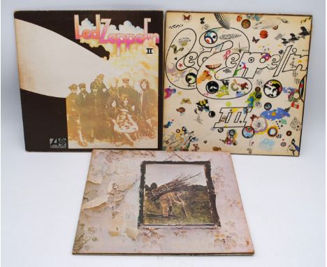 Three 12" vinyl records by Led Zeppelin on UK Atlantic plum labels, comprising 'II' 3rd pressing 'Killing Floor' variant', 'I