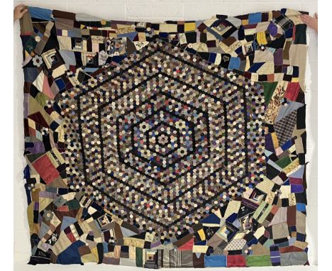 An antique large silk and period material patchwork quilt dated 1889 with additional embroidered pictures etc. - 220cm x 200c