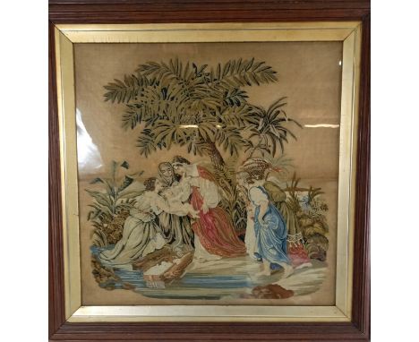 An antique oak framed tapestry picture of a religious scene "Moses discovered in the basket" under palm trees, 73cm square.