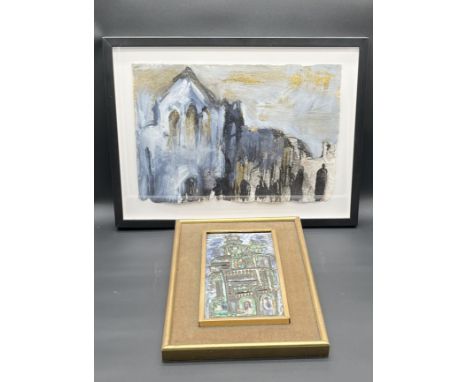 A glazed pottery image of an Eastern European church? in a gilt frame, overall size 32cm x 52cm, along with a framed impressi
