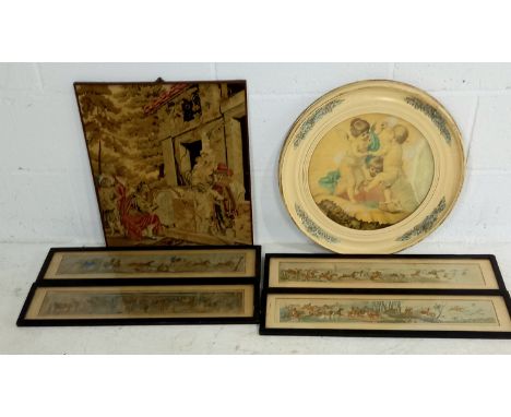 A set of four hunting and coaching prints (A/F) a tapestry work picture and a circular framed cherub print.