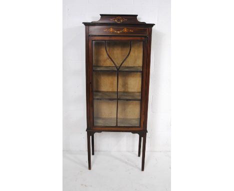 A Victorian inlaid mahogany display cabinet, with painted decoration, raised on stick legs - length 60cm, depth 29.5cm, heigh