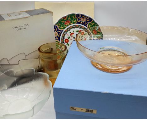 A vintage boxed wedgwood glass bowl, a Darington frosted glass bowl, a Whitefriars amber coloured vase etc.