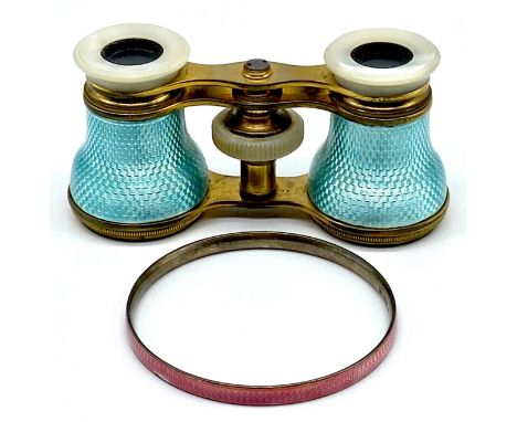 A pair of vintage French enamel and mother of pearl opera glasses, marked A S Paris, and a silver and pink enamel bangle.