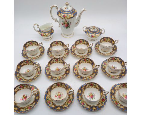 A vintage Paragon Pompadour blue pattern coffee set, with twelve cups and saucers.