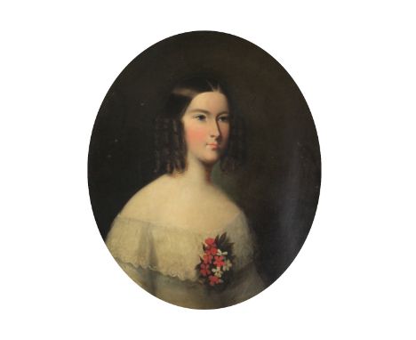 Early 19th Century Irish SchoolHalf length "Portrait of Mrs. Mansfield of Morristown Lattin," in a low cut dress, lace top wi