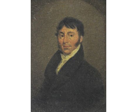 Early 19th Century Irish SchoolMiniature: A half length "Portrait of Mr. Edward Odell, in high fur collar coat," O.O.Panel, a
