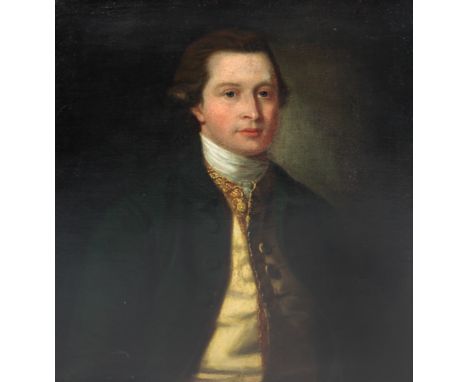18th Century English School"Portrait of a Gentleman with green velvet jacket and gold embroidered waistcoat," O.O.C., approx.