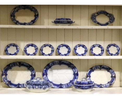 An 18 piece blue and white Dinner Service, with hunting, shooting and carriage scene by Leicester (S.H.& S.) including tureen