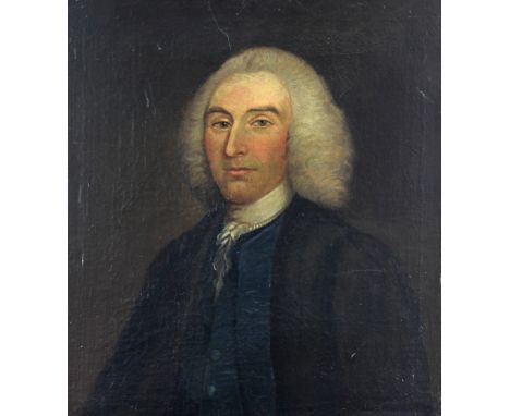 18th Century Irish SchoolA half length "Portrait of John Crone, Byblox, Doneraile, Co. Cork," with large wig, in a blue and d