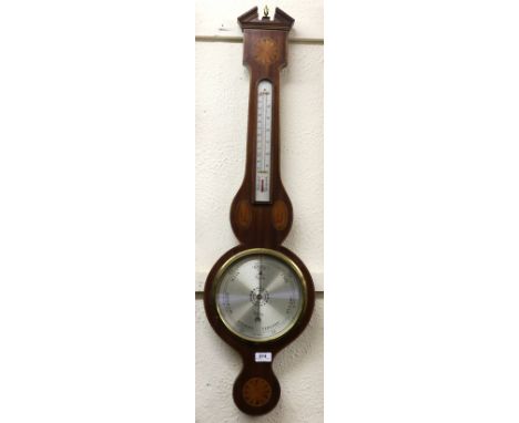 An attractive inlaid Georgian style mahogany Banjo Barometer by Comitti of Holborn, with break neck pediment, herringbone des