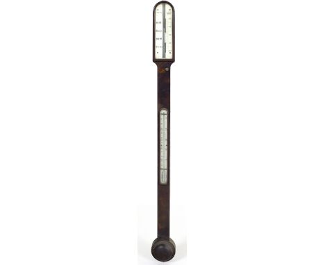 A 19th Century Irish figured mahogany Stick Barometer, by Yeates, Optician, Dublin, 90cms (35 1/2") tall. (1)Provenance:  The