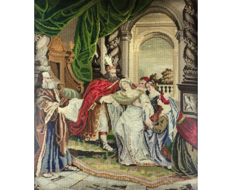 An attractive Victorian large Needlework Tapestry, depicting a King & Queen surrounded by servants, approx. 76cms x 66cms (30