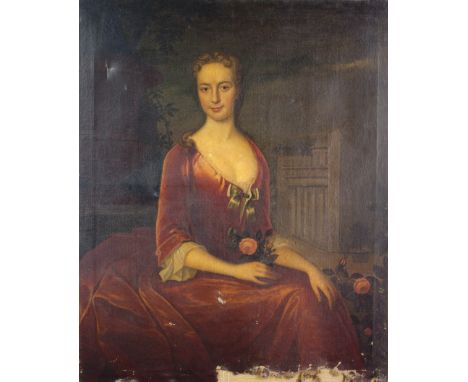 Early 19th Century Irish SchoolFine large full length "Portrait of a Young Lady, seated in low-cut red velvet dress with lace