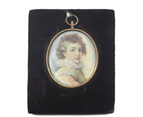 Early 20th Century English SchoolMiniature: Very attractive oval portrait on ivory, "Young Boy with long hair and ruff collar