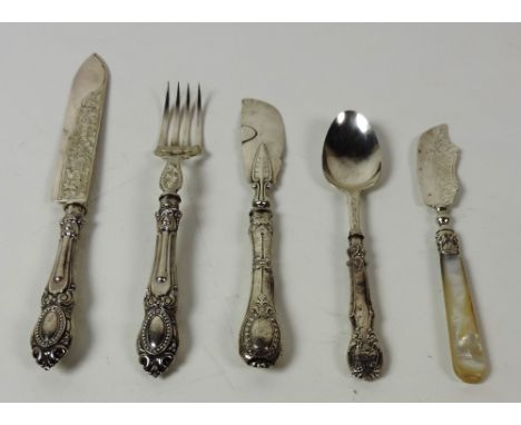 An attractive Victorian silver Knife & Fork, with engraved blade and fancy handles, Birmingham c. 1863, two Victorian silver 