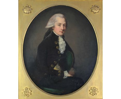18th Century Continental SchoolAn attractive oval "Portrait of a Gentleman with white wig, lace collar, seated on a green cha
