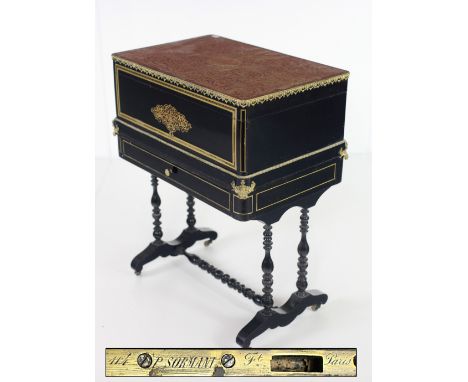 A rare and unusual red boulle brass inlaid and ebonised lift top Cabinet, by Paul Sormani (1817 - 1877), the top profusely de