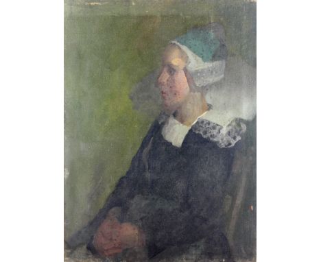 19th Century American School"Portrait of a Girl, possibly Amish," O.O.C., approx. 74cms x 54cms (29" x 21 1/2"). (1)