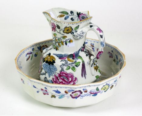 An attractive and colourful Masons Ironstone Basin & Ewer, decorated with floral design and birds. (2)Provenance: The Odlum F