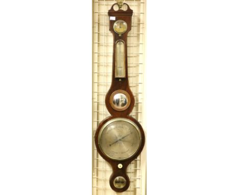 An attractive 19th Century inlaid mahogany Banjo Barometer, with thermometer, circular mirror centre etc., engraved by P. Riv